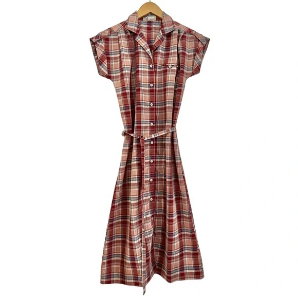 Vintage 70s Plaid Shirtwaist Dress Midi Dagger Collar Belted M Cottagecore - Picture 6 of 9
